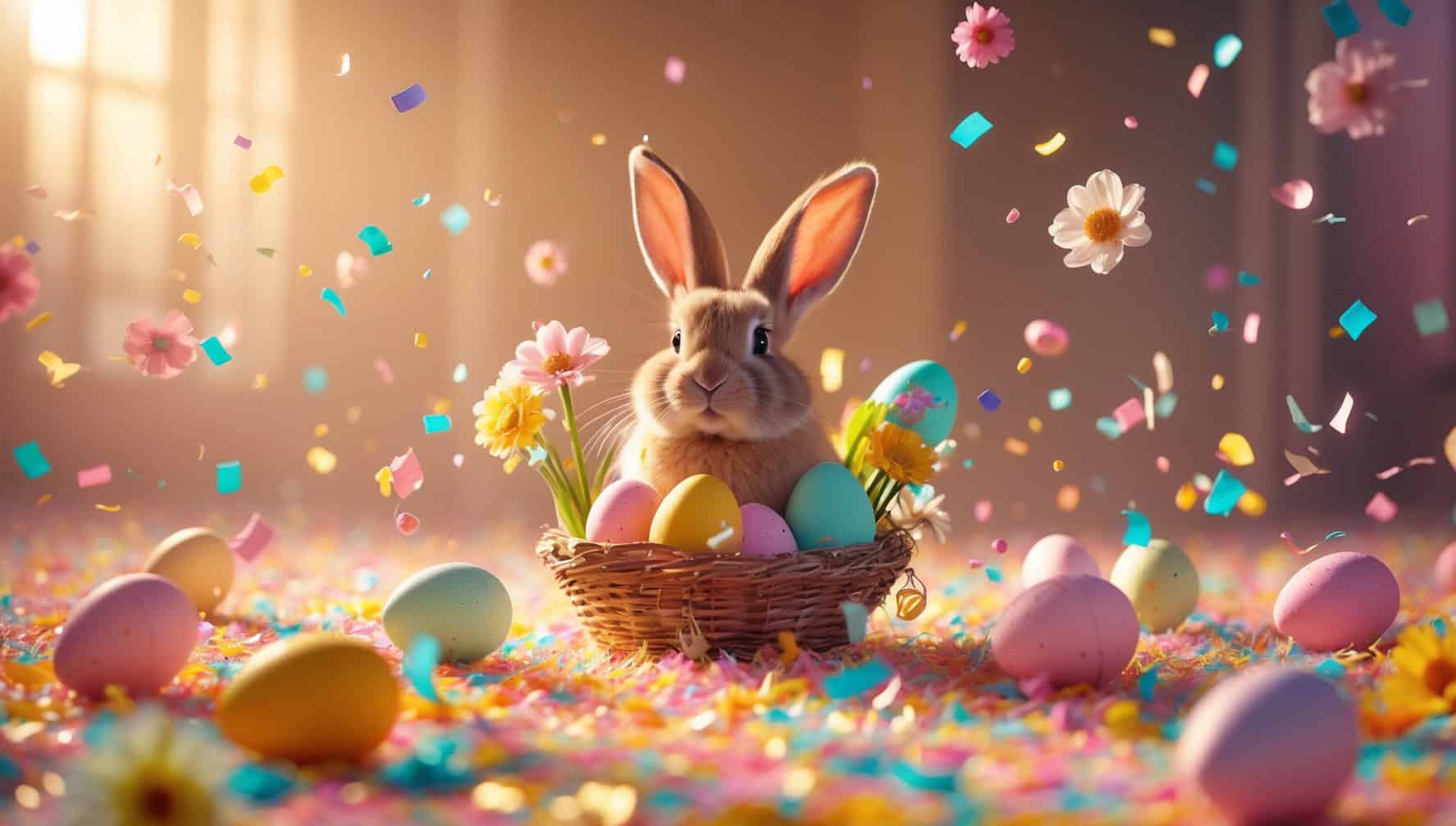 a bunny sitting in a basket with eggs and flowers