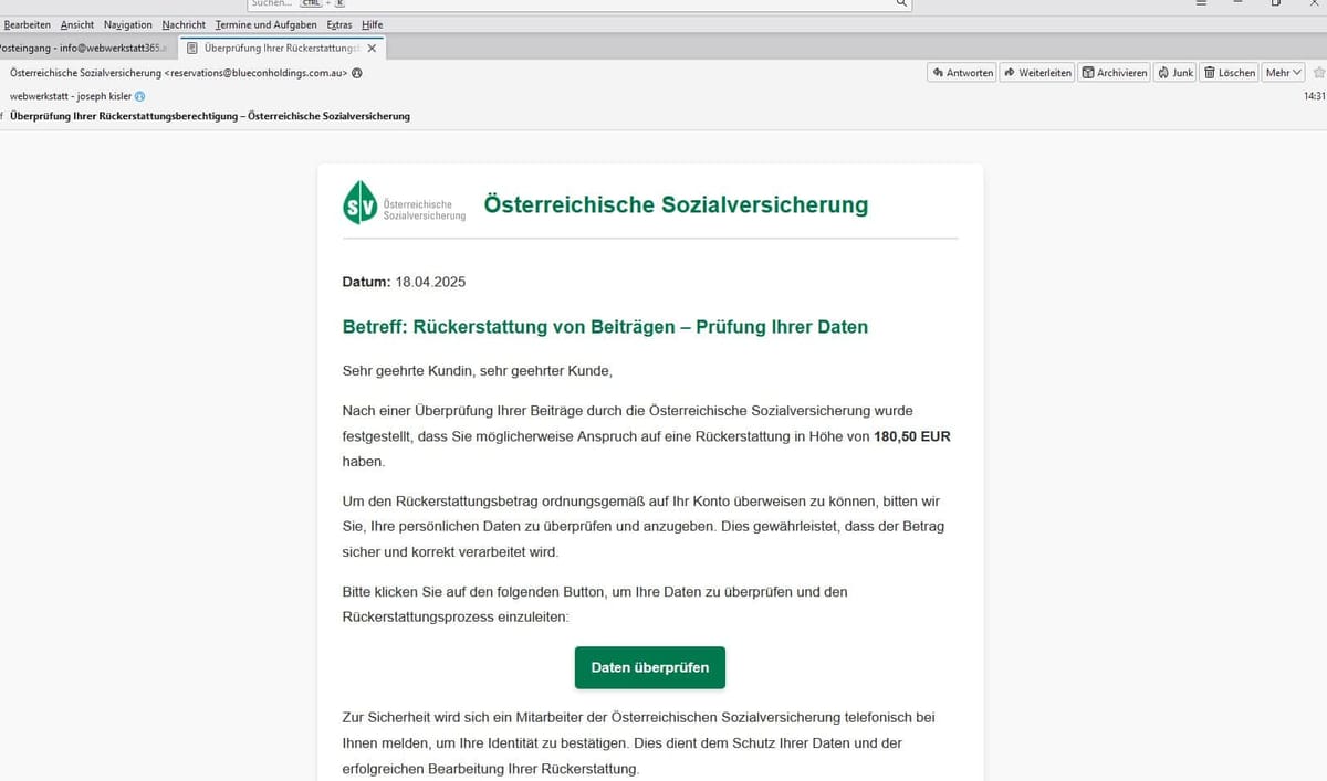 Vorsicht vor Spam E-Mails von der Österreichischen Sozialversicherung!