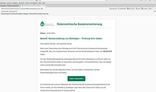 Vorsicht vor Spam E-Mails von der Österreichischen Sozialversicherung!